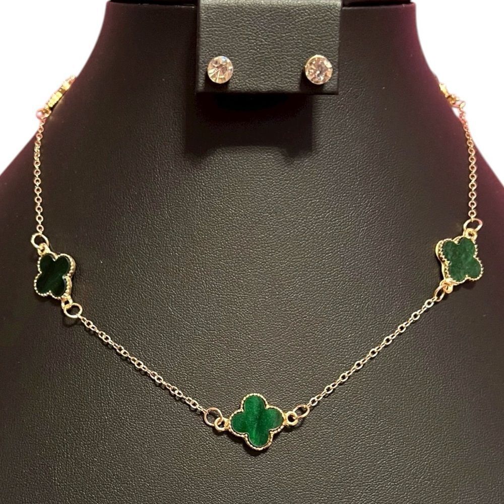 Elegant Green Clover and Gold Necklace And CZ Earring Set